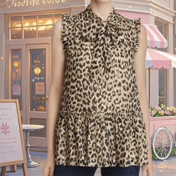 Kate Spade Leopard Print Silk Blend Sparkly Shimmer Ruffle Tie up Blouse - Picture 2 of 9